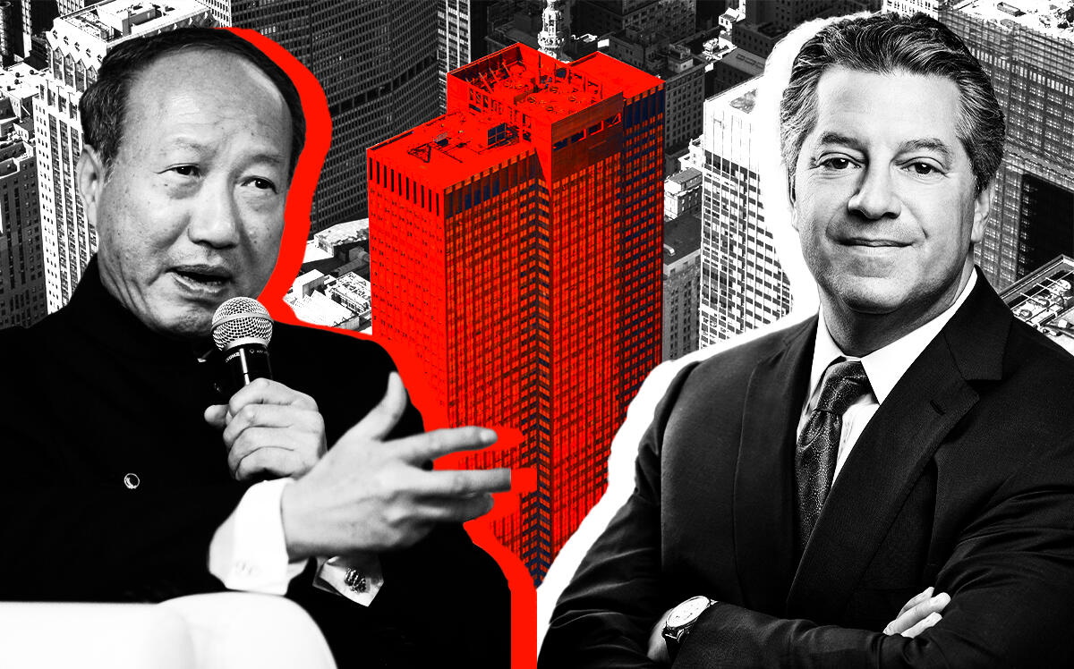 HNA Group's Guoqing Chen (left), SL Green CEO Marc Holliday (right), and 245 Park Avenue (SL Green, World Travel & Tourism Council - via Wikimedia Commons, LoopNet)
