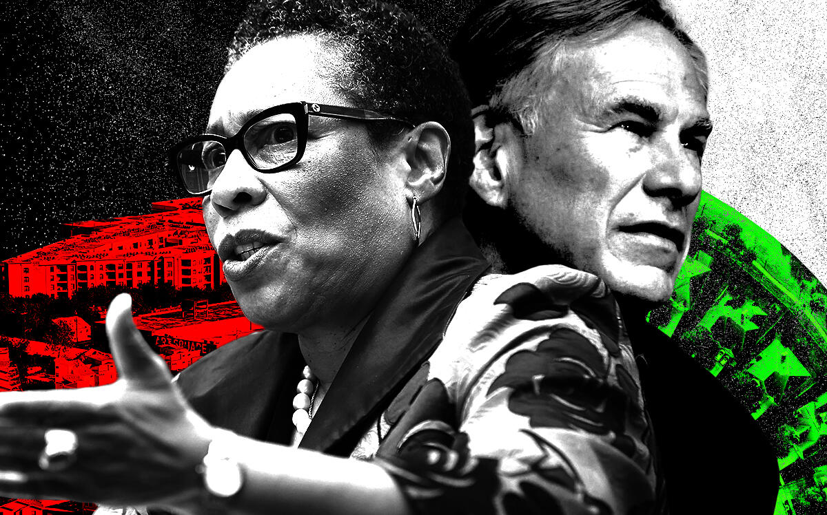 From left: Marcia Fudge, 18th Secretary of the U.S. Department of Housing, and Greg Abbott, governor of Texas (Getty Images, iStock/Photo Illustration by Steven Dilakian for The Real Deal)