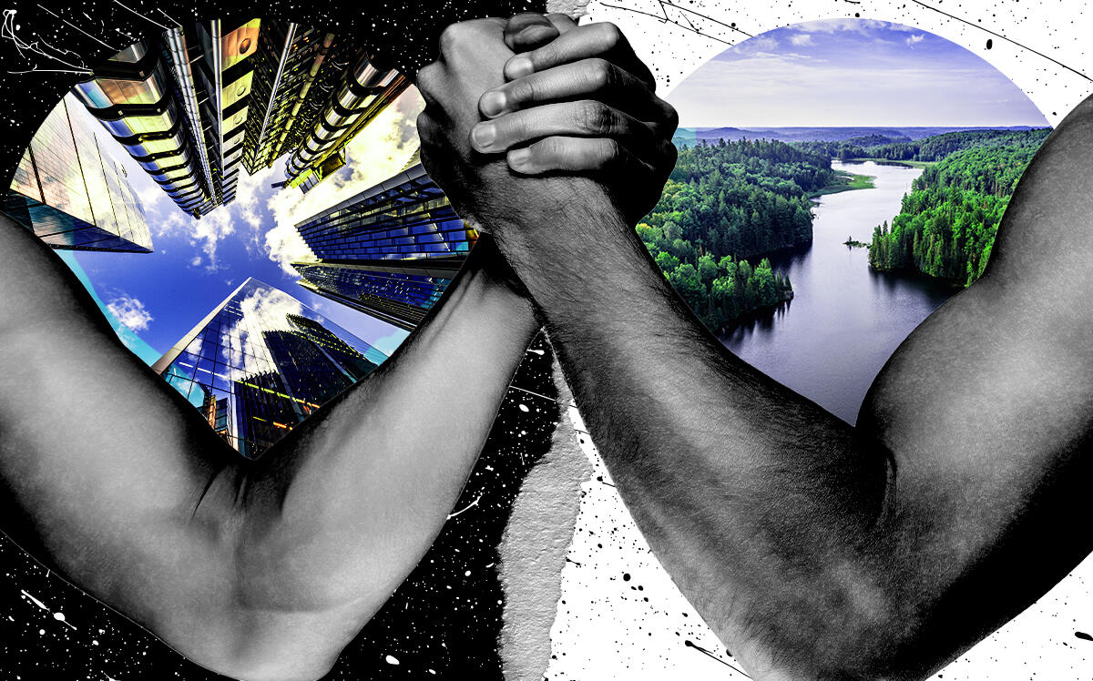 A photo illustration of city developers and preservationists arm wrestling (iStock)