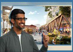 Google CEO Sundar Pichai with a rendering of the Downtown West project (Getty, SITELAB Urban Studio)