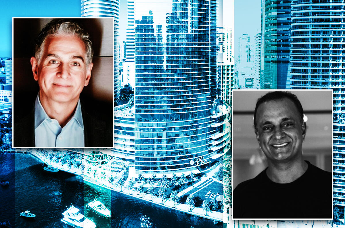 (left) Hyatt Hotels' Mark Hoplamazian and Gencom's Karim Alibhai (right) with Miami Riverbridge (LinkedIn, Gencom, Arquitectonica)