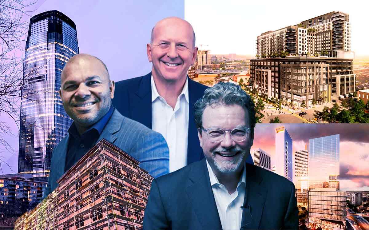 Hoque Global ceo Mike Hoque, Goldman Sachs’ CEO David M. Solomon and HKS Architects president and ceo Dan Noble with the Newpark Dallas development, Goldman Sachs’ tower and East Quarter high-rise and multifamily residences (Hoque Global, LinkedIn, HKS Architects, New Park Dallas, Wikipedia, East Park Dallas, iStock)