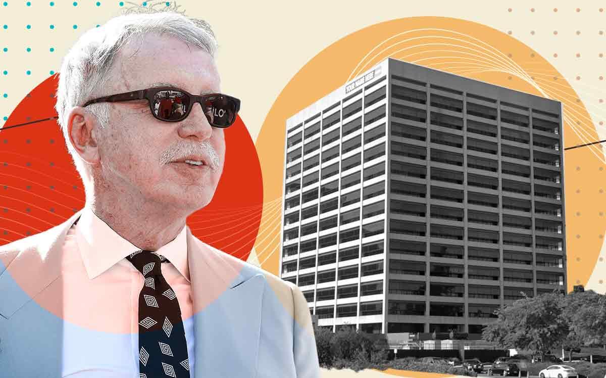 L.A. Rams owner Stan Kroenke with the Anthem Blue Cross building at 21555 Oxnard St., Woodland Hills (Google Maps, Getty)