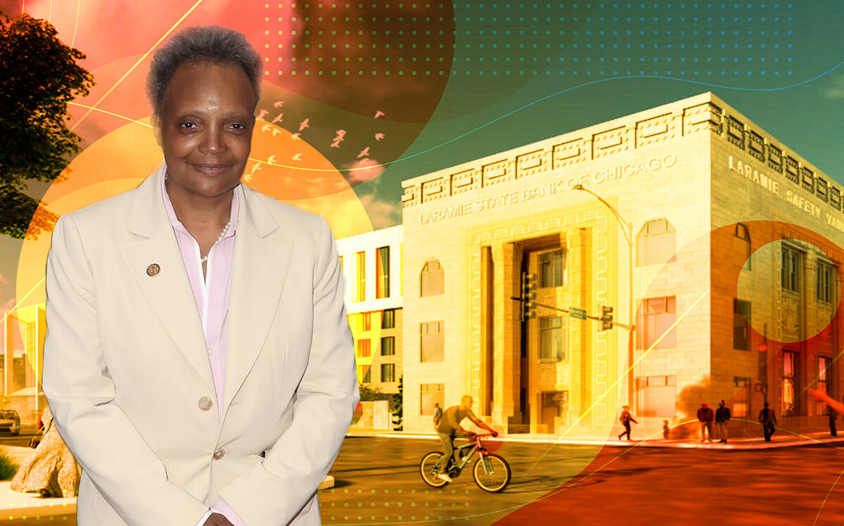 Mayor Lori Lightfoot with a rendering of a proposed development by Austin United Alliance (Austin United Alliance, Getty, iStock)