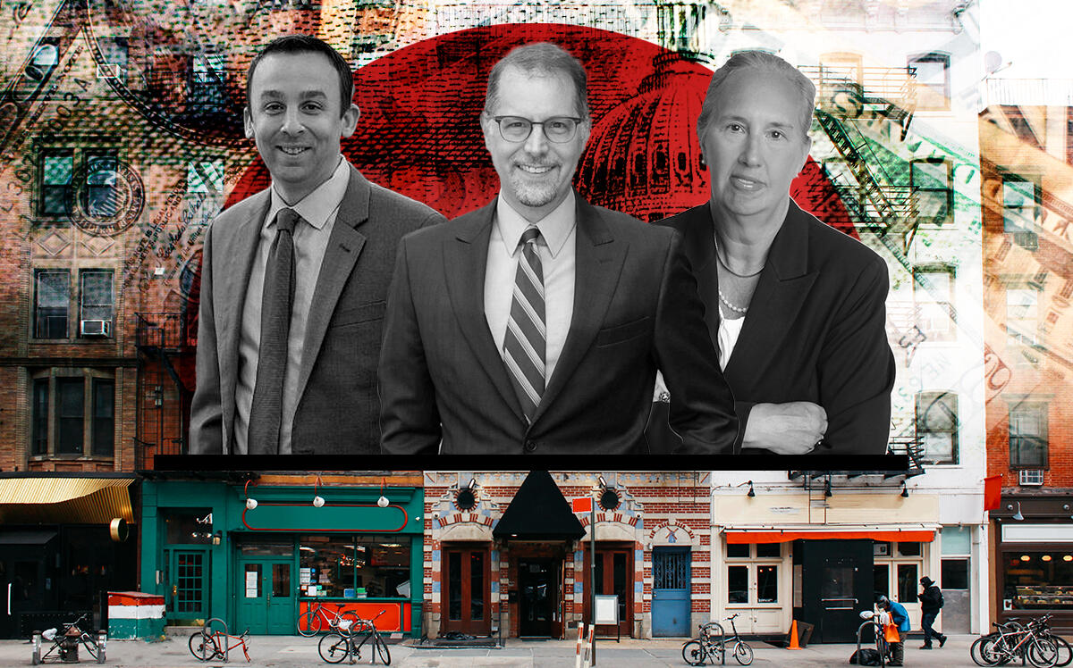 Manhattan lawmakers Keith Powers, Mark Levine and Gale Brewer with Manhattan storefronts (NYC.gov, iStock, GaleBrewer.nyc)