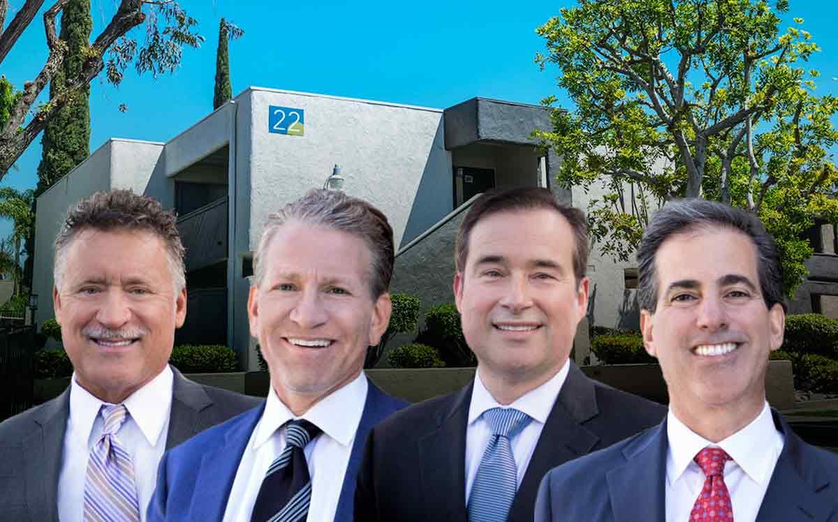 Clear Capital LLC founding partners (L-R) Daniel Hardy, Eric Sussman, Paul Pellizzon and Greg Worchell with Foothill Ridge apartments, 1334 W. Foothill Blvd., Upland (Clear Capital LLC, Foothill Ridge Apts.)