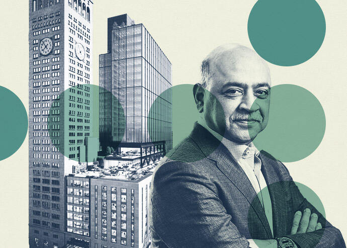 IBM's Arvind Krishna and One Madison Avenue (IBM, One Madison Avenue, Illustration by Kevin Cifuentes for The Real Deal)