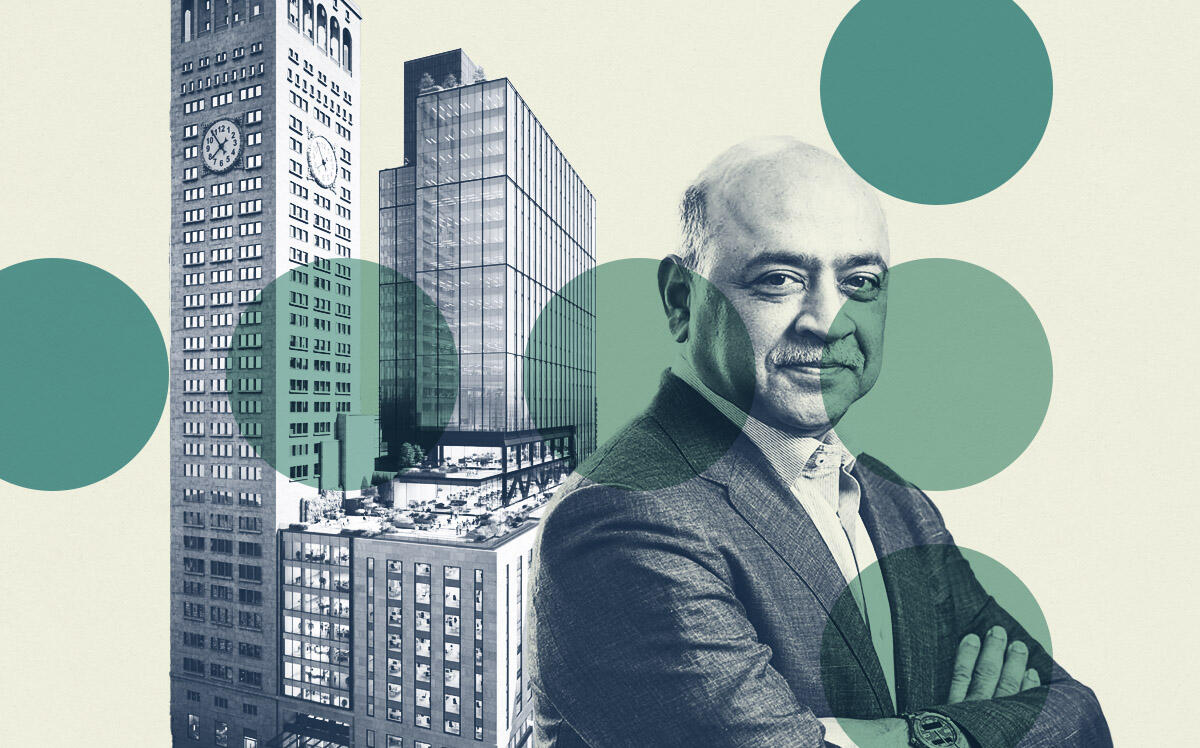 IBM's Arvind Krishna and One Madison Avenue (IBM, One Madison Avenue, Illustration by Kevin Cifuentes for The Real Deal)