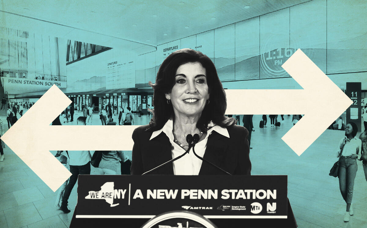 Gov. Kathy Hochul and Penn Station renderings (governor.ny.gov. Getty Images, Illustration by Kevin Cifuentes for The Real Deal)