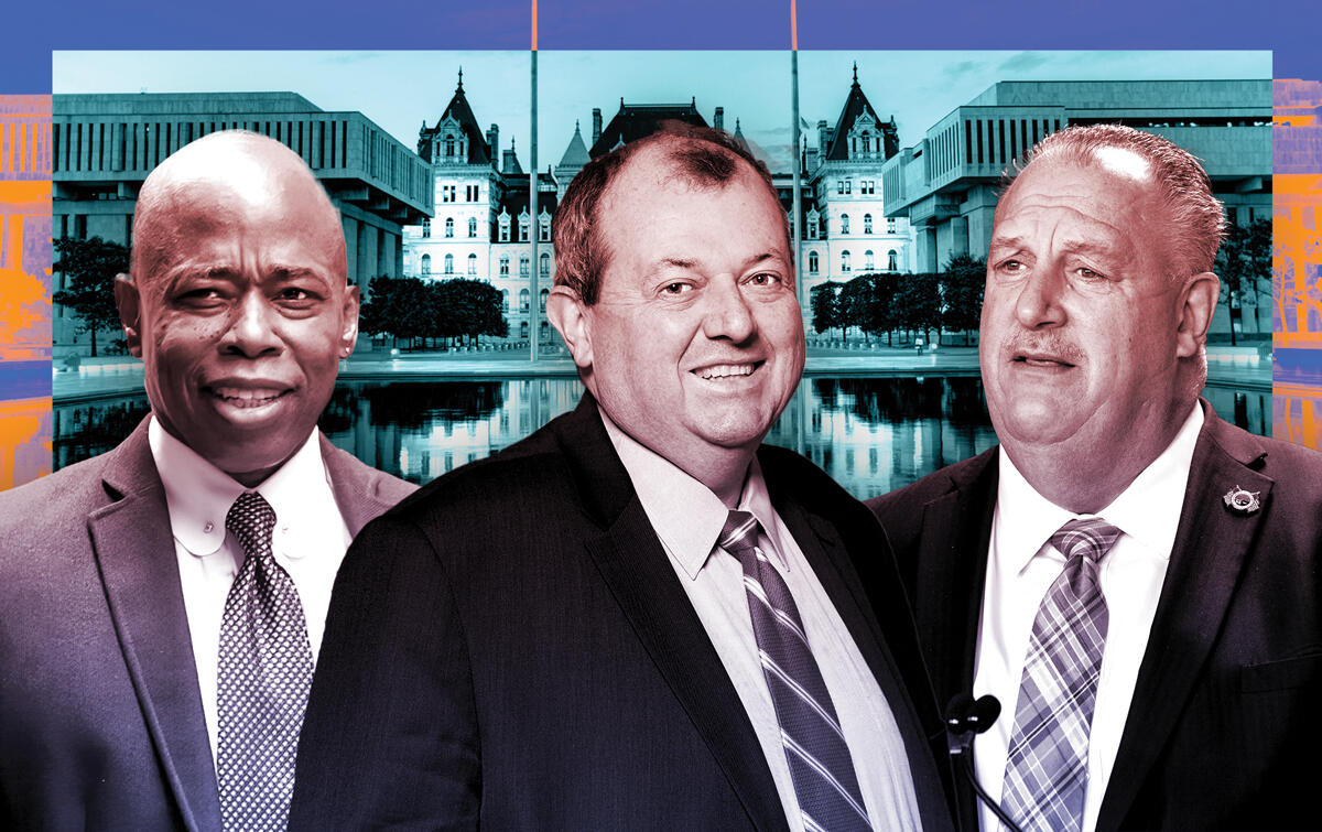 Eric Adams, James Whelan and Gary LaBarbera in front of the New York State Capitol building (Photo-illustration by Paul Dilakian/The Real Deal, Axel Dupeux (Whelan), Getty Images)