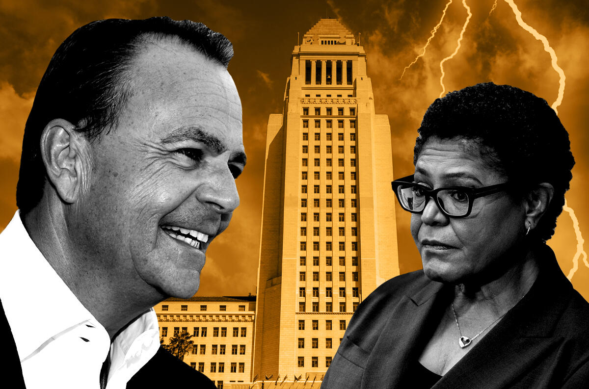 (left to right) Rick Caruso and Karen Bass with City Hall (Getty, iStock)