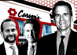 From left: Lormax Stern's Daniel L. Stern and Christopher G. Brochert; Macy's CEO Jeffrey Gennette; former Carson's department store in Water Tower Place (Google Maps, Lormax Stern, Getty Images, iStock)
