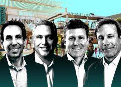 From left: Centennial Real Estate CEO Steven Levin, USAA Real Estate CEO Len O'Donnell, and Montgomery Street Partners co-founders Murray McCabe and Max Lamont in front of a rendering of the planned redevelopment at MainPlace mall in Santa Ana (Centennial, USAA, Montgomery Street Partners, MainPlace)