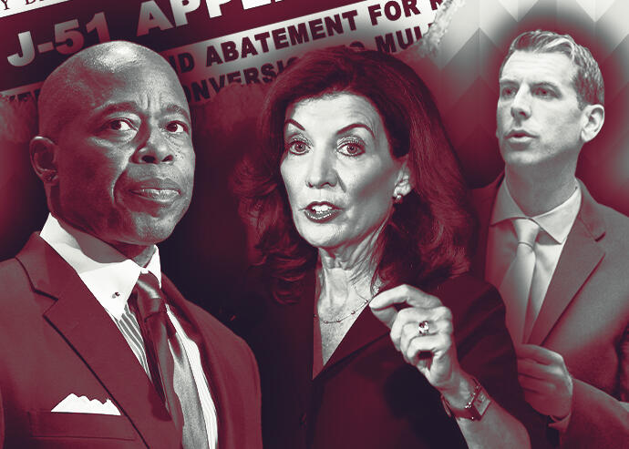 From left: Mayor Eric Adams, Governor Kathy Hochul, and Assemblymember Edward Braunstein (Getty Images, Assembly District 26, iStock/Photo Illustration by Steven Dilakian for The Real Deal)