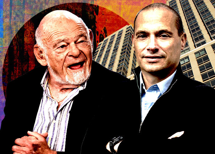 From left: Sam Zell and Douglas Eisenberg along with 160 Riverside Boulevard (Getty Images, A&E Real Estate, Google Maps, iStock)