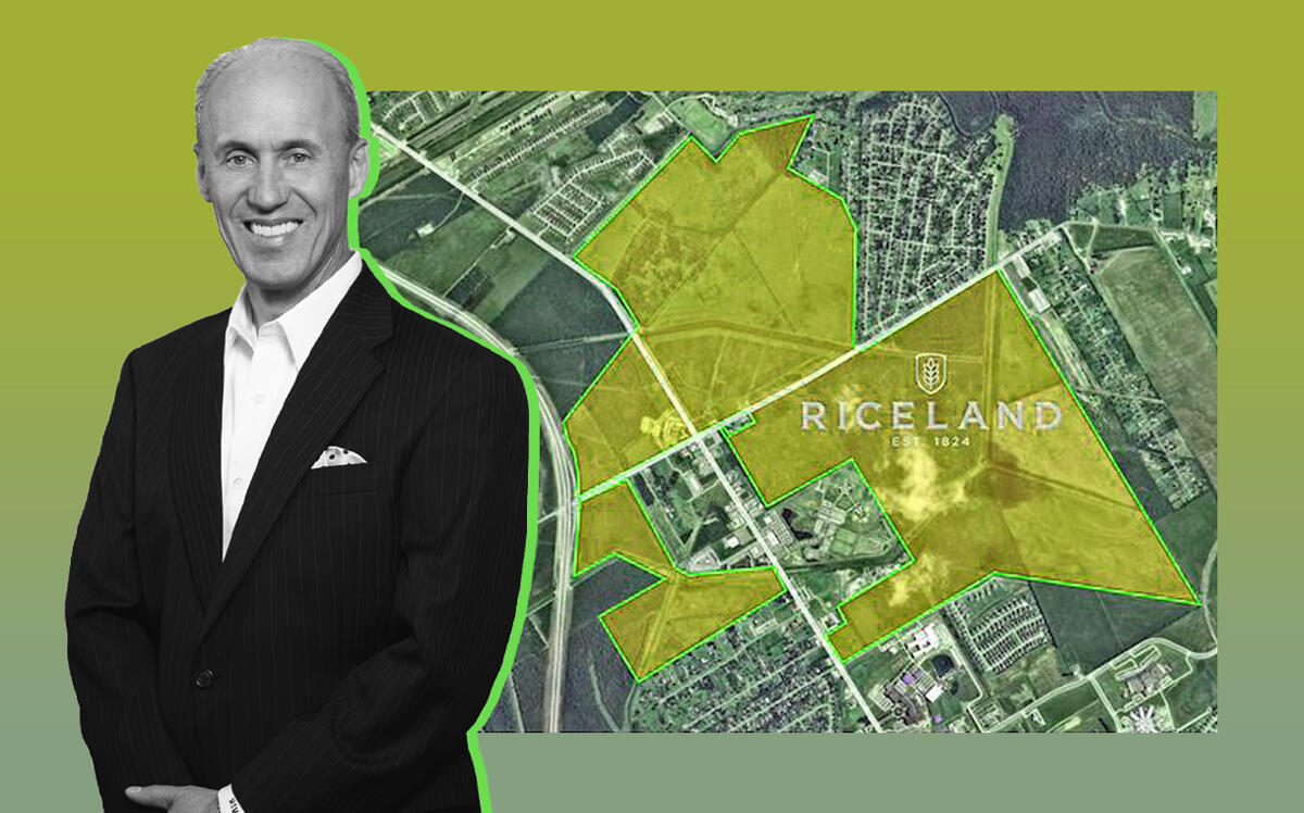 McGrath Real Estate Partners' Michael McGrath and an aerial of the site (McGrath, Riceland)