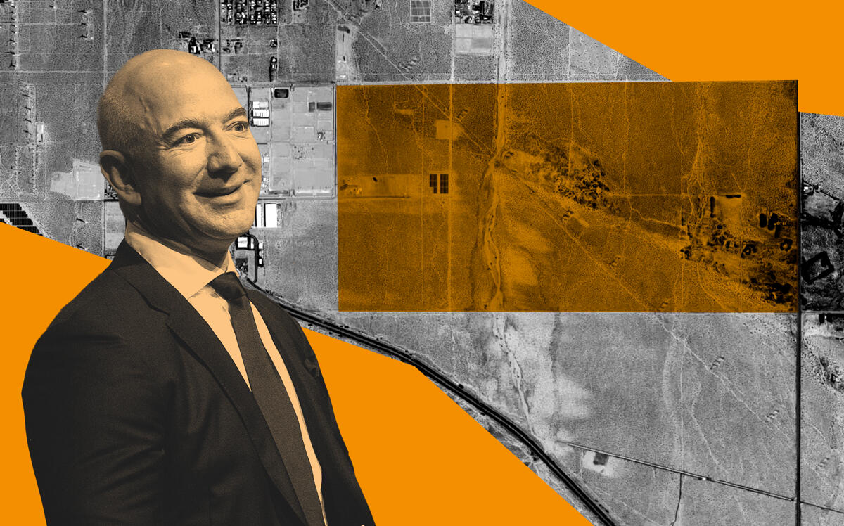 Amazon's Jeff Bezos and the vacant land near Palm Springs (Getty, Google Maps)