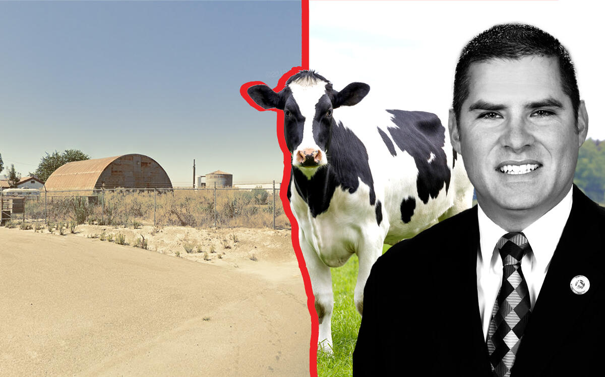 Mayor Pro Tem Todd Rigby and a view of the former dairy farm (Eastvale, Google Maps, iStock)