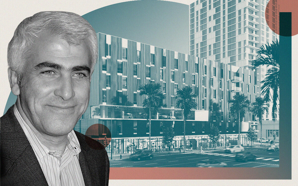 CIM’s Shaul Kuba with renderings of the project at 6007 Sunset Blvd in Hollywood (Getty, CIM Group)