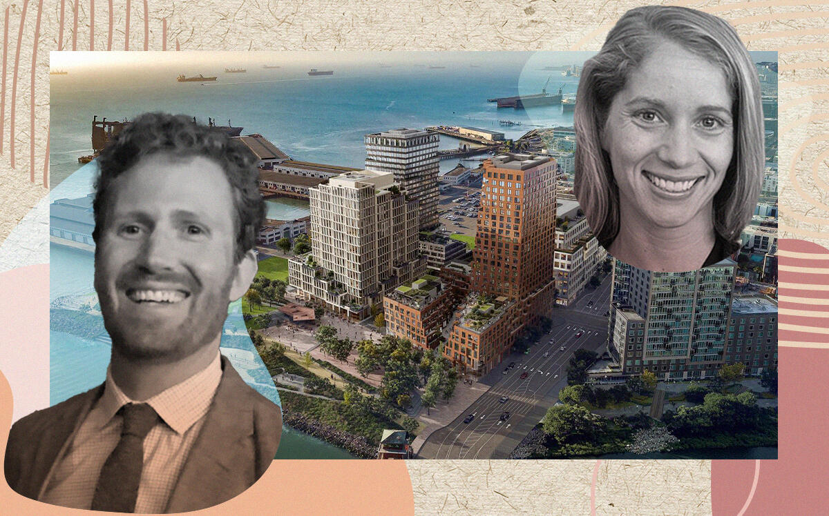Julian Pancoast and Fran Weld with rendering of Mission Rock development (LinkedIn, Connect Conferences, Port of San Francisco, iStock)