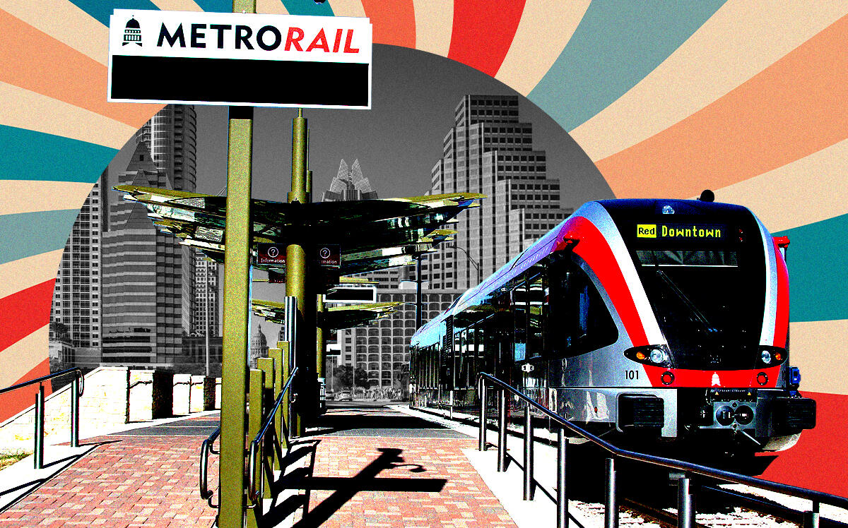 A photo illustration of Austin's Capital MetroRail (Larry D. Moore, CC BY-SA 3.0/via Wikimedia Commons, iStock)