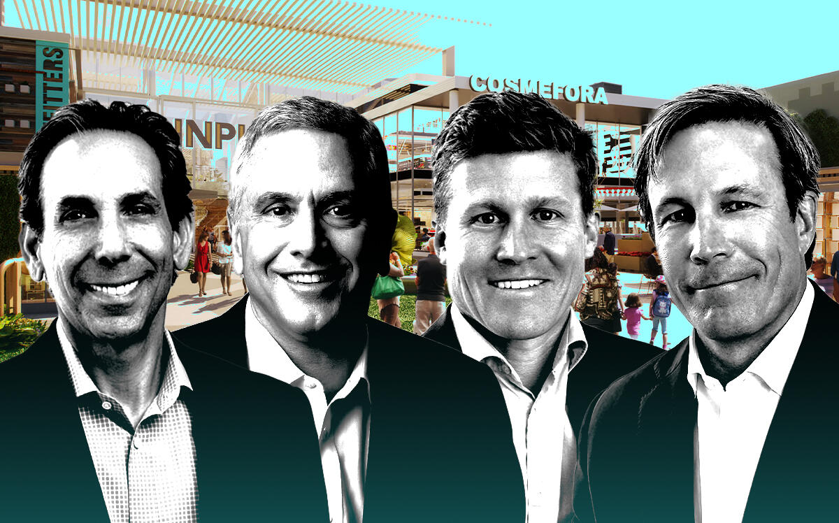 From left: Centennial Real Estate CEO Steven Levin, USAA Real Estate CEO Len O'Donnell, and Montgomery Street Partners co-founders Murray McCabe and Max Lamont in front of a rendering of the planned redevelopment at MainPlace mall in Santa Ana (Centennial, USAA, Montgomery Street Partners, MainPlace)