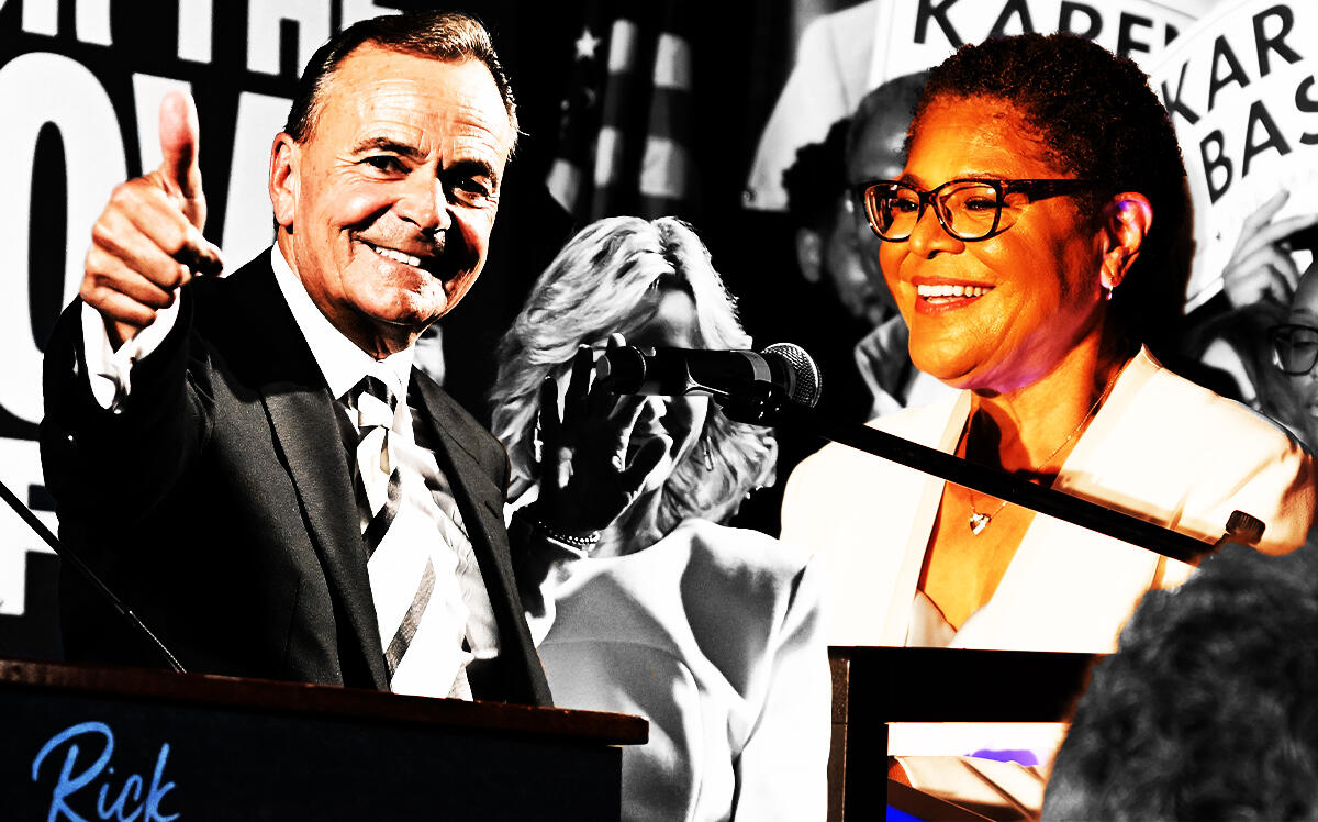 From left: Mayoral candidates Rick Caruso and Karen Bass (Getty Images/Photo Illustration by Steven Dilakian for The Real Deal)