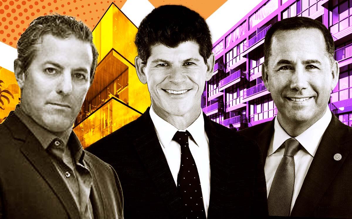 From left: Scott Robins, Scott Srebnick and Philip Levine along with renderings of the Core Wynwood office building (left) and a proposed five-story apartment building (right) (Arquitectonica, Goldman Properties, Perkins&Will, City of Miami Beach, Public domain/via Wikimedia Commons, iStock)