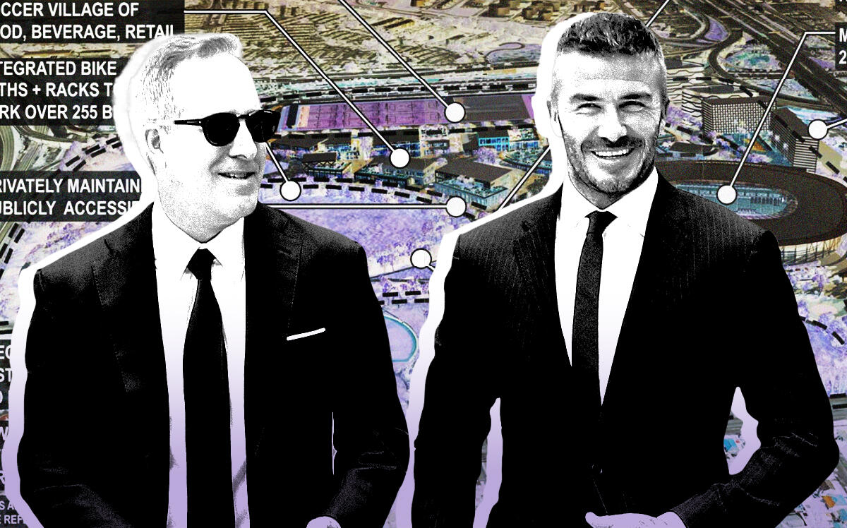 From left: Jorge Mas and David Beckham in front of a rendering of Miami Freedom Park (Getty Images, Arquitectonica)