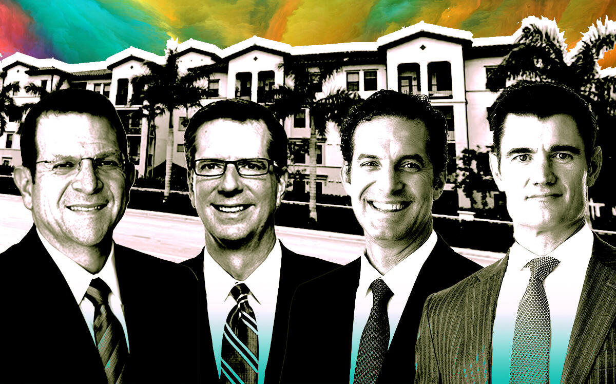 From left: Harbor Group International's Jordan E. Slone and T. Richard Litton Jr. (sellers); Cottonwood Residential's Daniel Shaeffer and Chad Christensen; 4411 North Federal Highway in Pompano Beach (Cottonwood Residential, Harbor Group International, Google Maps, iStock)