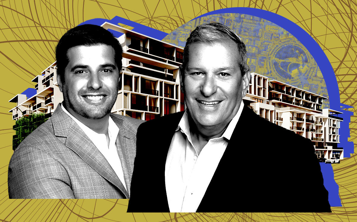 From left: The Estate Companies' managing principal Robert Suris and principal Jeffrey Ardizon along with a rendering of Soleste Pompano Beach and a sitemap for Soleste Hollywood Boulevard (The Estate Companies)