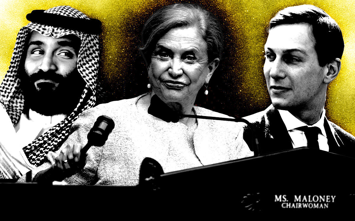 From left: Crown Prince Mohammed bin Salman of Saudi Arabia, Congresswoman Carolyn Maloney, Jared Kushner (Getty Images/Photo Illustration by Steven Dilakian for The Real Deal)