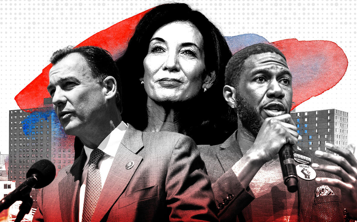 From left: Rep. Tom Suozzi, Gov. Kathy Hochul and New York City Public Advocate Jumaane Williams (Getty Images, iStock/Photo Illustration by Steven Dilakian for The Real Deal)
