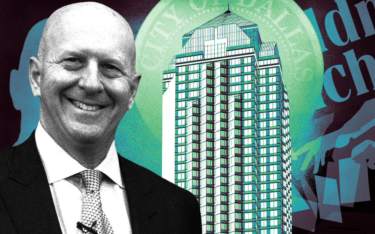 Goldman Sachs CEO David M. Solomon (U.S. Secretary of Defense, CC BY 2.0/via Wikimedia Commons, Andreas Praefcke, CC BY 3.0/via Wikimedia Commons, Goldman Sachs, iStock/Illustration by Steven Dilakian for The Real Deal)