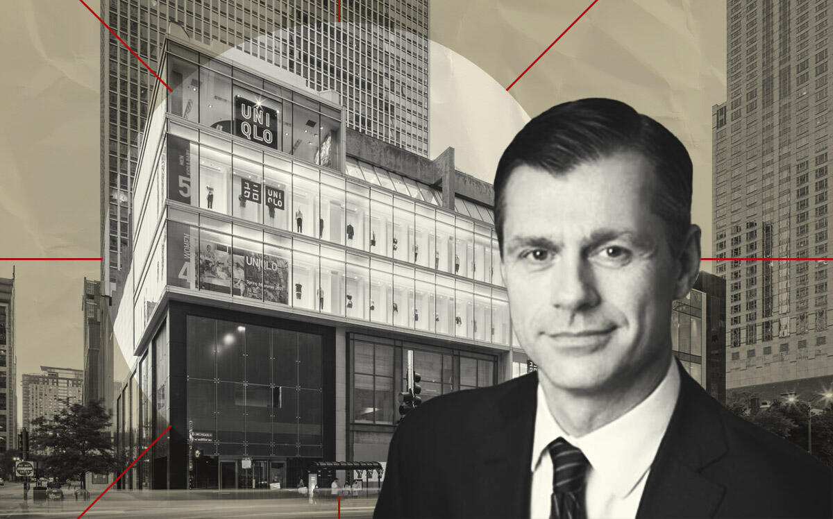 830 North Michigan Avenue and Brookfield's Brian Kingston (Illustration by Kevin Cifuentes for The Real Deal with Loopnet, Getty, Brookfield)