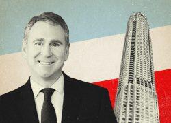 Citadel's Ken Griffin and 800 N Michigan Ave (Illustration by Kevin Cifuentes for The Real Deal with Redfin, Getty, Citadel)