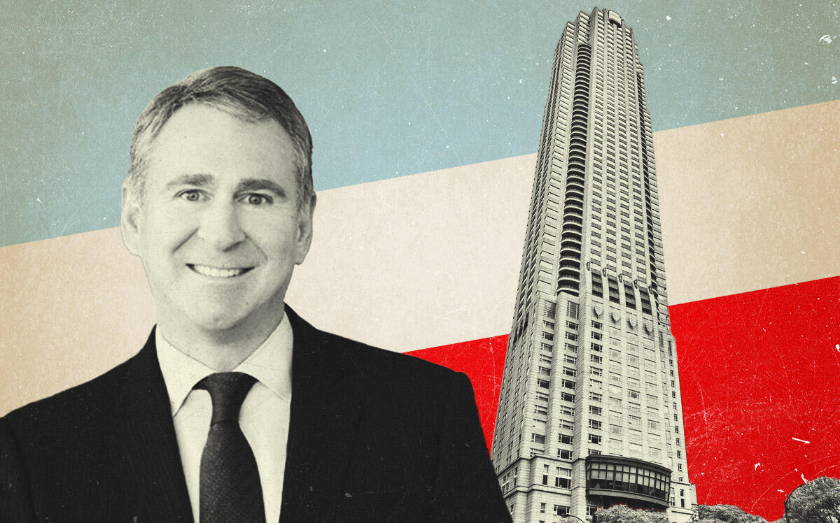 Citadel's Ken Griffin and 800 N Michigan Ave (Illustration by Kevin Cifuentes for The Real Deal with Redfin, Getty, Citadel)