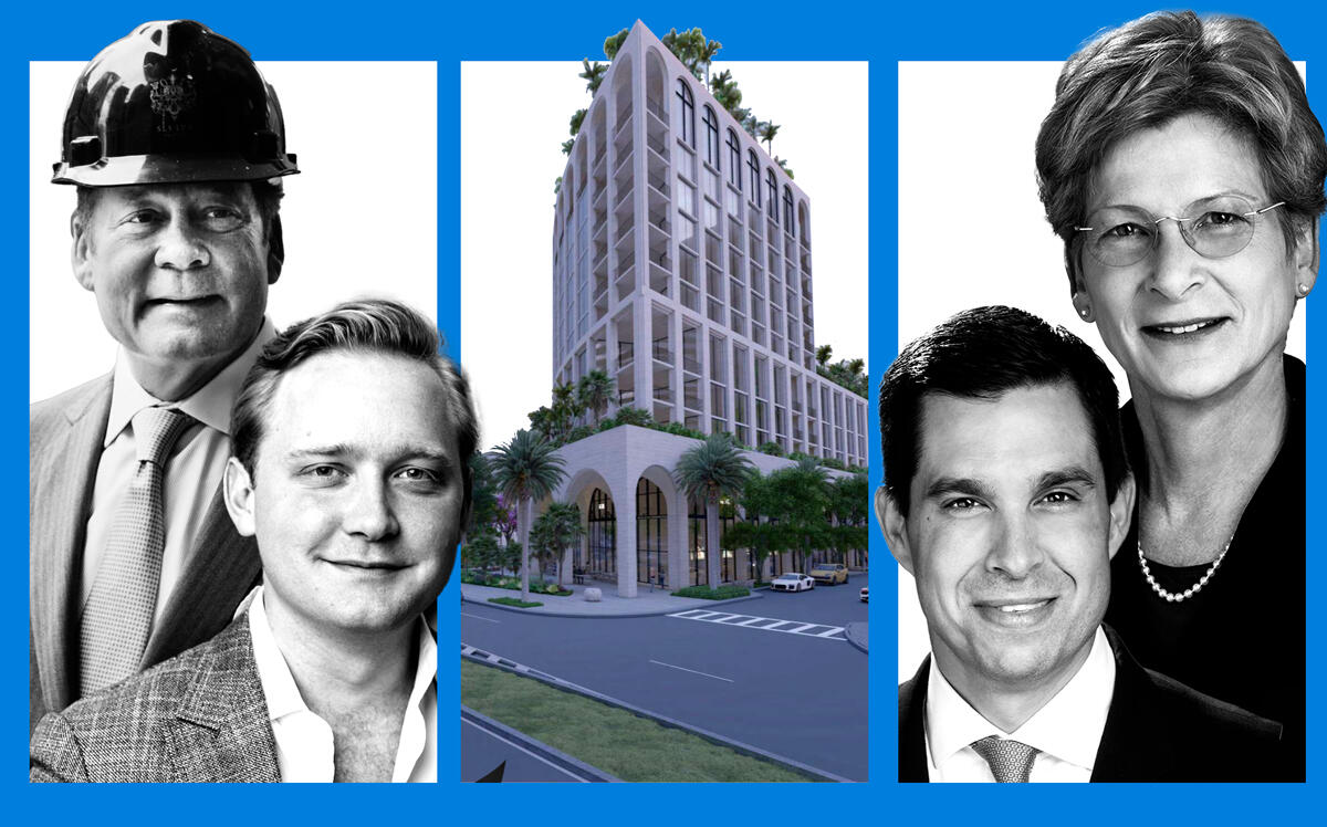 Allen and Spencer Morris, a rendering of the Ponce Park Residences, Mayor Vince Lago and Commissioner Rhonda Anderson (Oppenheim Architecture, Alan Morris, City of Coral Gables)