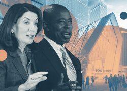 Governor Kathy Hochul and Mayor Eric Adams with rendering of Penn Station (Getty, FXCollaborative, Bezier, VUW)