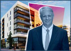 Trammell Crow Residential ceo Ken Valach with renderings of the Alexan project at 150 N. Santa Anita Avenue in Arcadia (LinkedIn, Studio One Eleven, Illustration by The Real Deal)