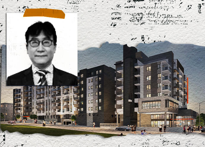 Dae Yong Lee and a rendering of the new apartment complex in Westlake (LA City Planning, Illustration by Priyanka Modi for The Real Deal with Getty)