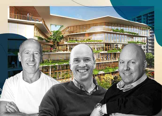 a16z founders Ben Horowitz and Marc Andreessen with Starwood Capital Group’s Barry Sternlicht and 2340 Collins Avenue in Miami Beach (a16z, Wikimedia via Christopher Michel, Illustration by Priyanka Modi for The Real Deal with Getty)