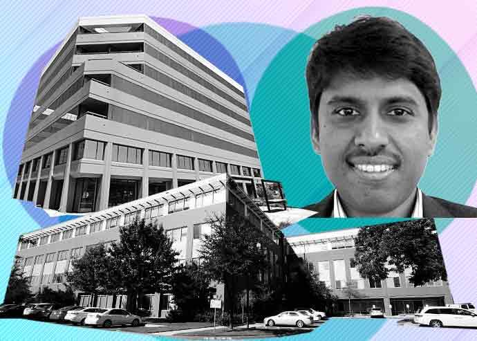 Mondee co-founder and ceo Prasad Gundumogula with Mondee’s old HQ at 951 Mariners Island Blvd Ste 130 in San Mateo and Mondee’s new HQ at 10800 Pecan Park Blvd. #315 in Austin, TX (LinkedIn, Google Maps, Loopnet, Illustration by The Real Deal with Getty)