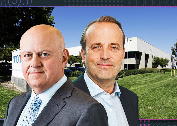 Prologis ceo Hamid Moghadam and DHL Supply Chain ceo Oscar de Bok with 5351 Jurupa Street (Prologis, Supply Chain Digital, Loopnet, Illustration by The Real Deal with Getty)