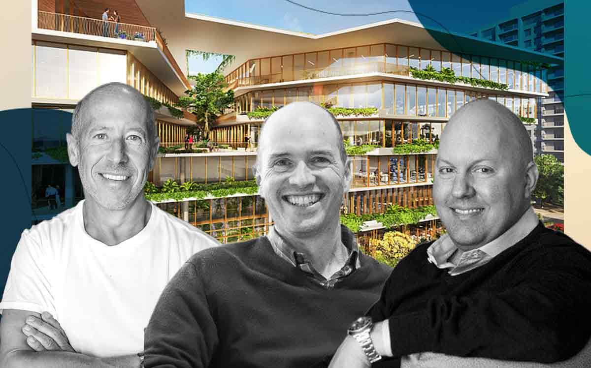 a16z founders Ben Horowitz and Marc Andreessen with Starwood Capital Group’s Barry Sternlicht and 2340 Collins Avenue in Miami Beach (a16z, Wikimedia via Christopher Michel, Illustration by Priyanka Modi for The Real Deal with Getty)