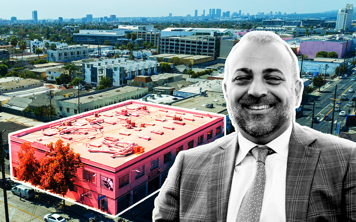 Bolour Associates ceo Mark Bolour with the building at 6432 Santa Monica Blvd. in Hollywood (LinkedIn, Loopnet, Illustration by Priyanka Modi for The Real Deal with Getty)