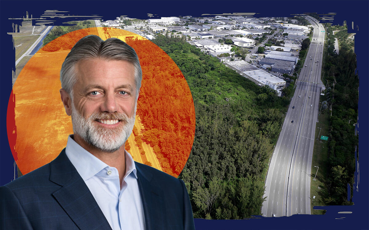 Bridge Industrial’s Steve Poulos and an aerial of the development site, south of the airport in unincorporated Miami-Dade County (Bridge Industrial, Illustration by The Real Deal with Getty Images)
