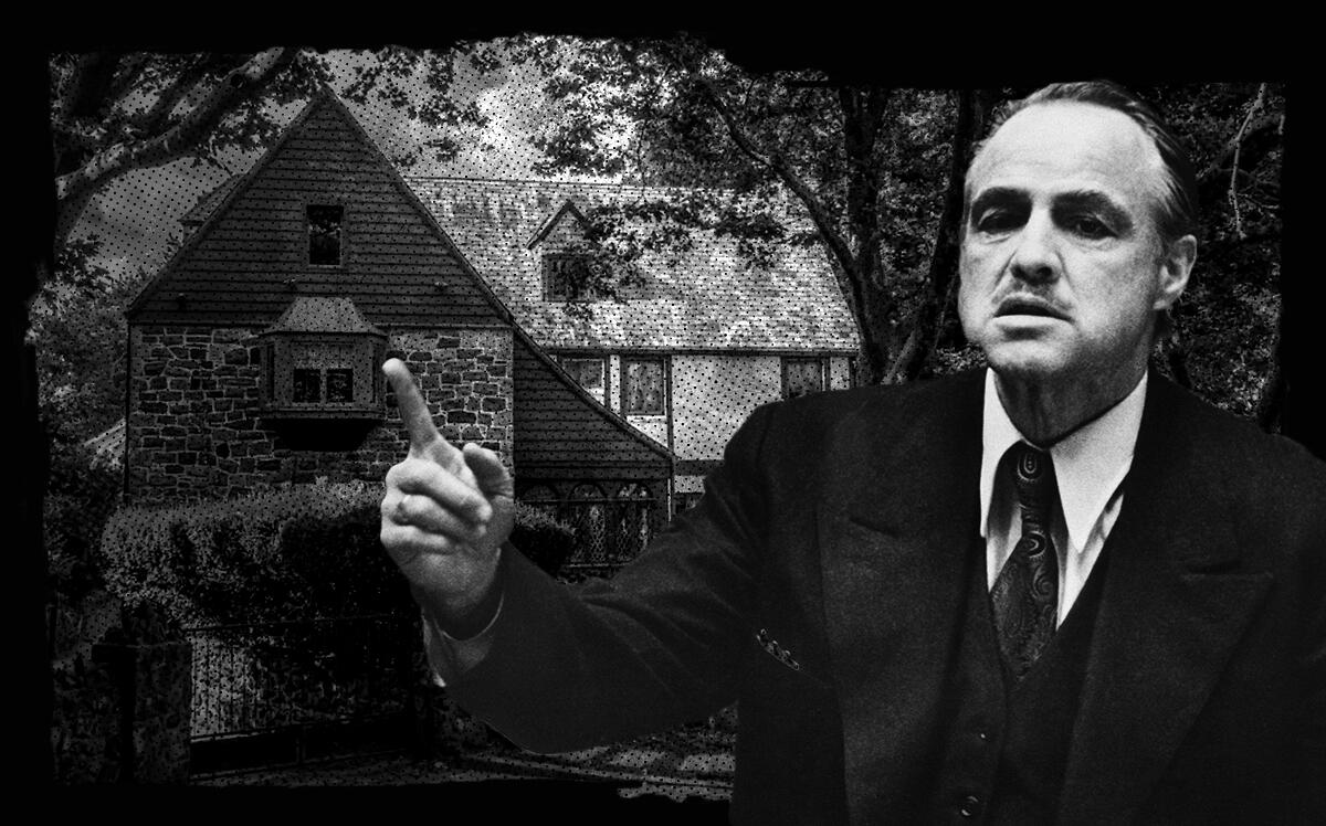 The exterior of the home with Marlon Brando as Don Corleone (AirBnb, Illustration by The Real Deal with Getty)
