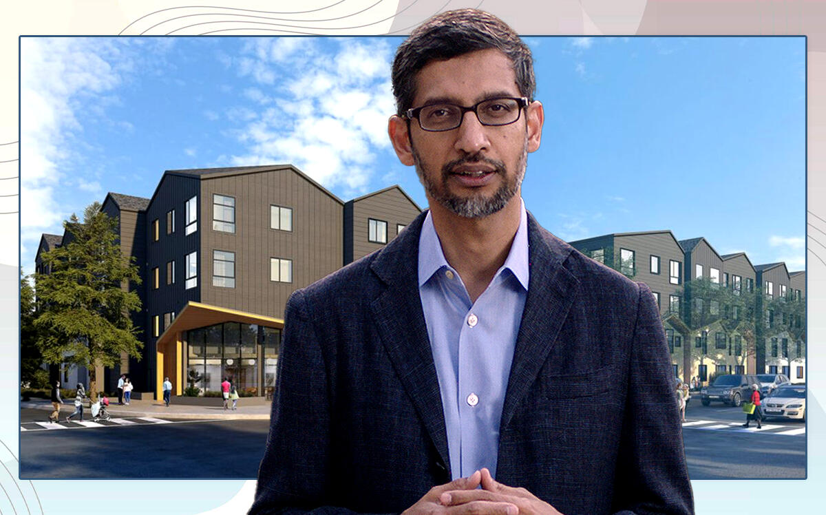Google and Alphabet ceo Sundar Pichai with a rendering of Meridian, a 90-unit affordable housing development, in Sunnyvale, California (Steinberg Hart, Illustration by The Real deal with Getty)