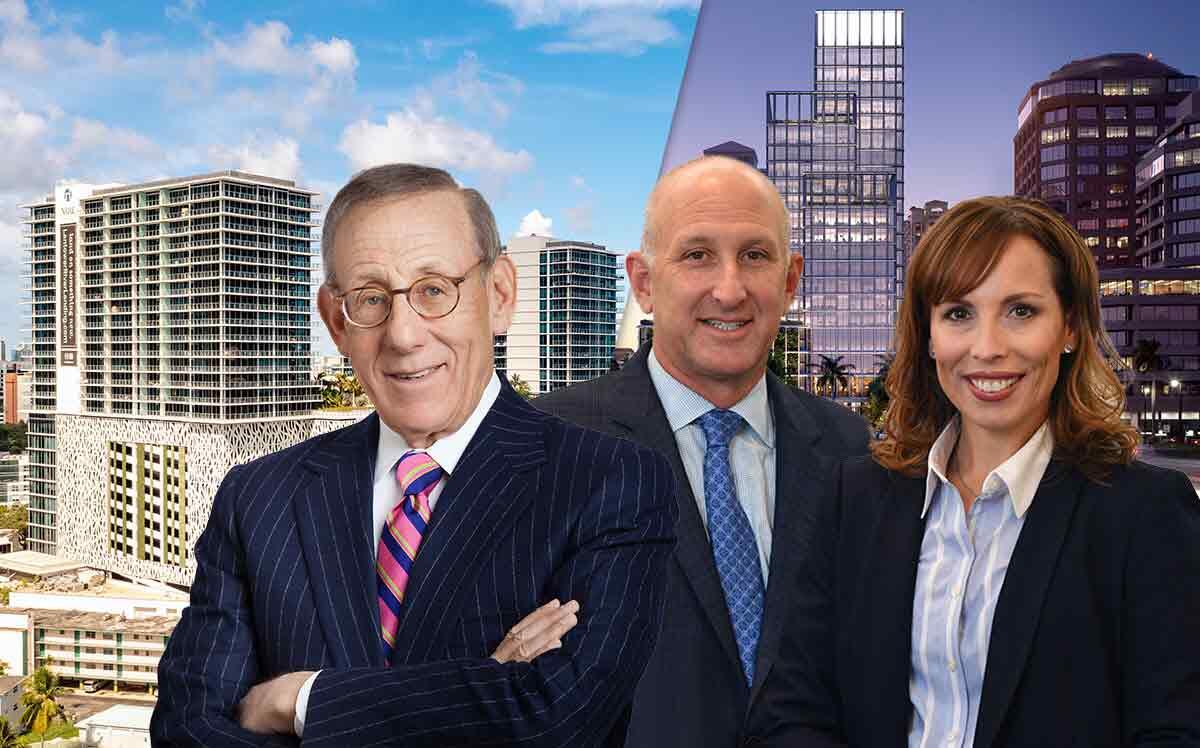 A rendering of One Flagler in downtown West Palm Beach and River Landing Shops & Residences in Miami with Related Companies Stephen Ross and Andy Hellinger and Coralee Penabad of Urban-X Group, developer of River Landing. (Related Companies, RL Miami)